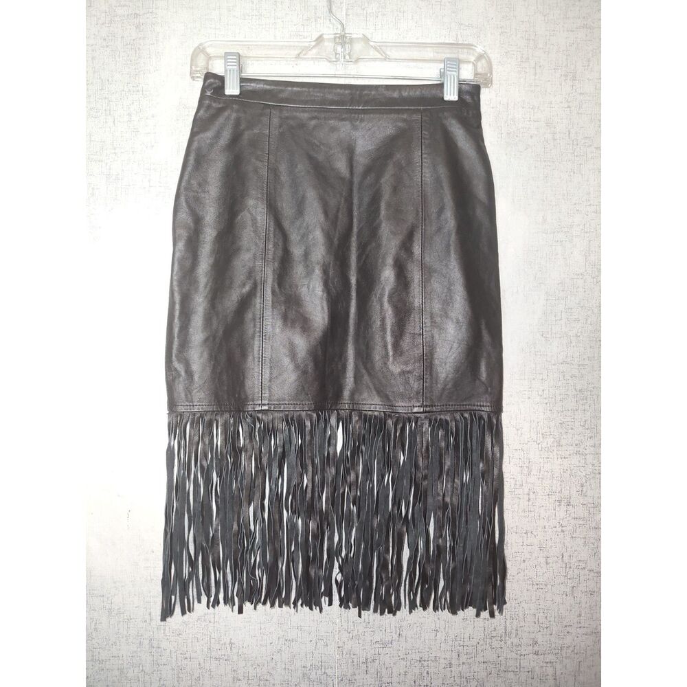 Cusp by Neiman Marcus Genuine Leather Fringe Skirt Sz XS